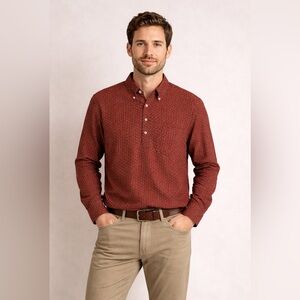 RALPH LAUREN men Red-orange long sleeve geometric pattern collared polo shirt L